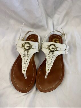 G by Guess White Braided T-Strap Sandals with Gold G Accent